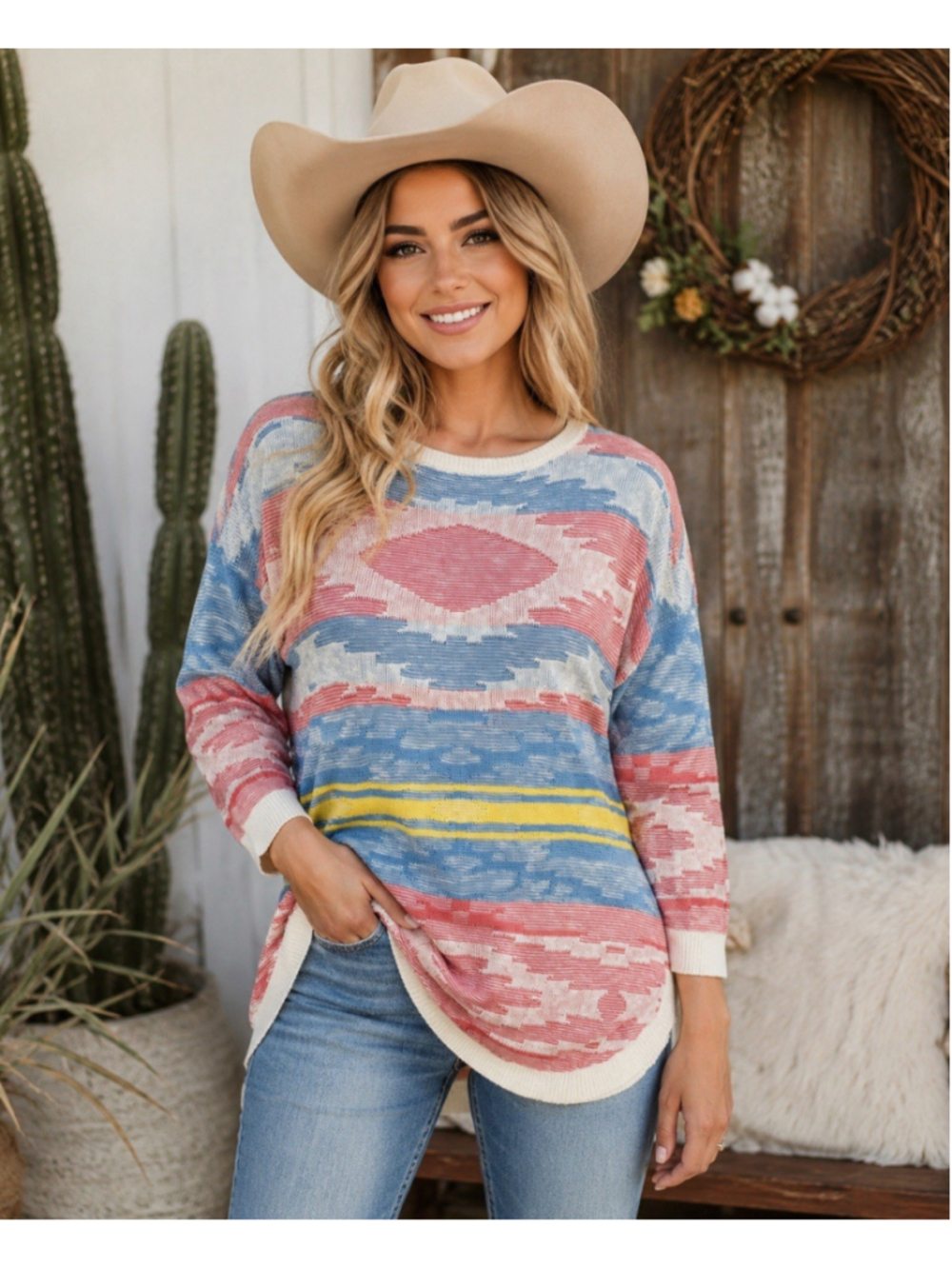 Chaps M Southwestern Aztec Sweater Pink Blue Yellow 3/4 Sleeve Oversized Boho